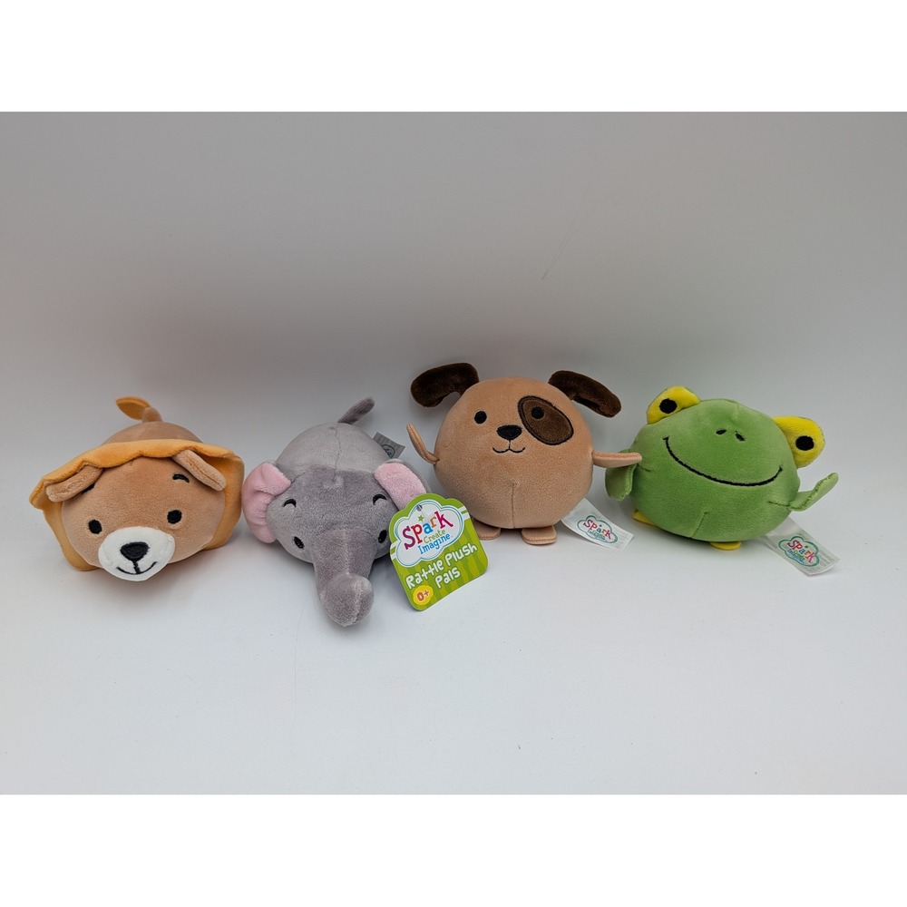 Spark Create Imagine Rattle Plush Pals Lion Elephant Dog Frog Lot of 4 Stuffed